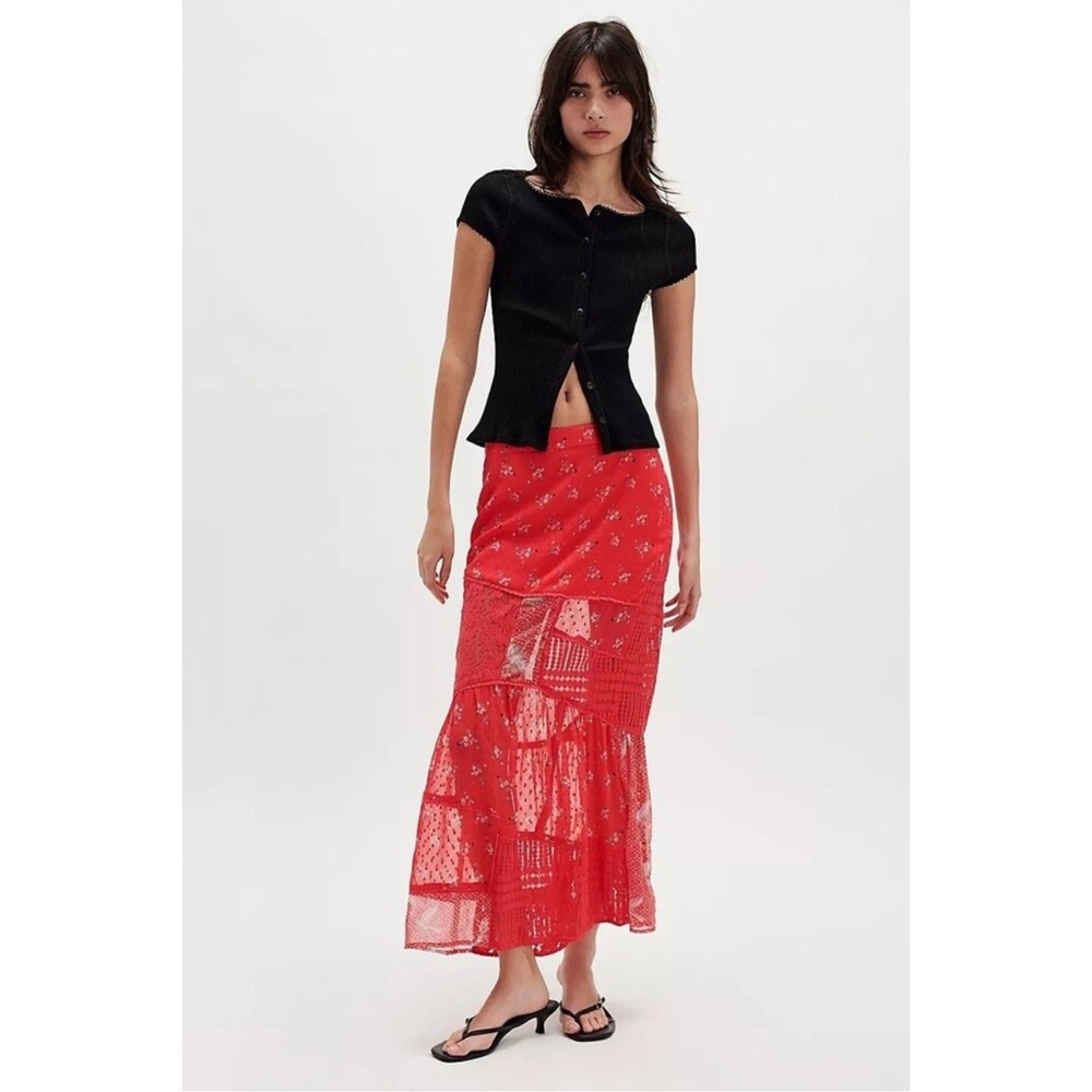 Free People Daniella Lace Maxi Skirt Sheer Floral Printed Lace Tiered red XS